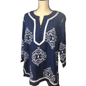 Lily Stanhope blue/white blouse 100% Linen 1X